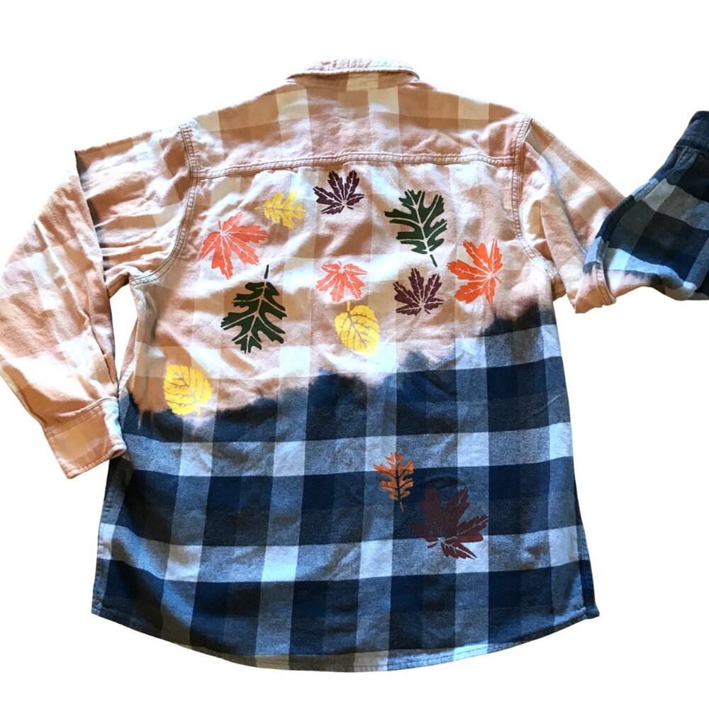 Bleached Flannel Shirt Autumn Upcycled, Painted Fall Leaves Size Large - Picture 3 of 12